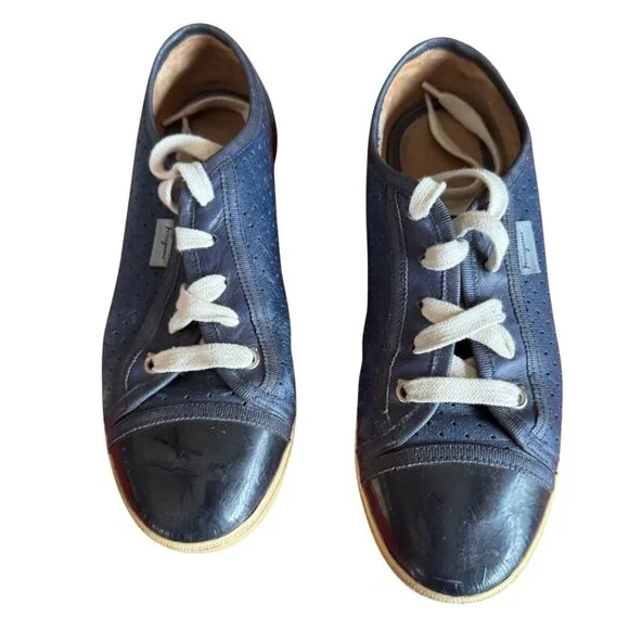 Salvatore Ferragamo Women’s Sneakers Navy Leather Gum Sole Dust Bag Italy 7.5 - Picture 4 of 16